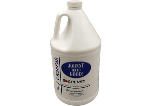 A white gallon bottle displaying a white and blue label reading "Johnny Be Good: Cherry" with the CleanPak name displayed along the side.