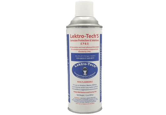An aerosol can with a white and blue label reading Lektro-Tech S by Corrosion Protection Solutions. 