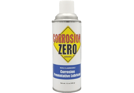 A twelve ounce can with a blue and white label reading "Corrosion Zero: Non-Flammable Corrosion Preventative Lubricant".