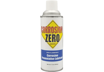 A twelve ounce can with a blue and white label reading "Corrosion Zero: Non-Flammable Corrosion Preventative Lubricant".
