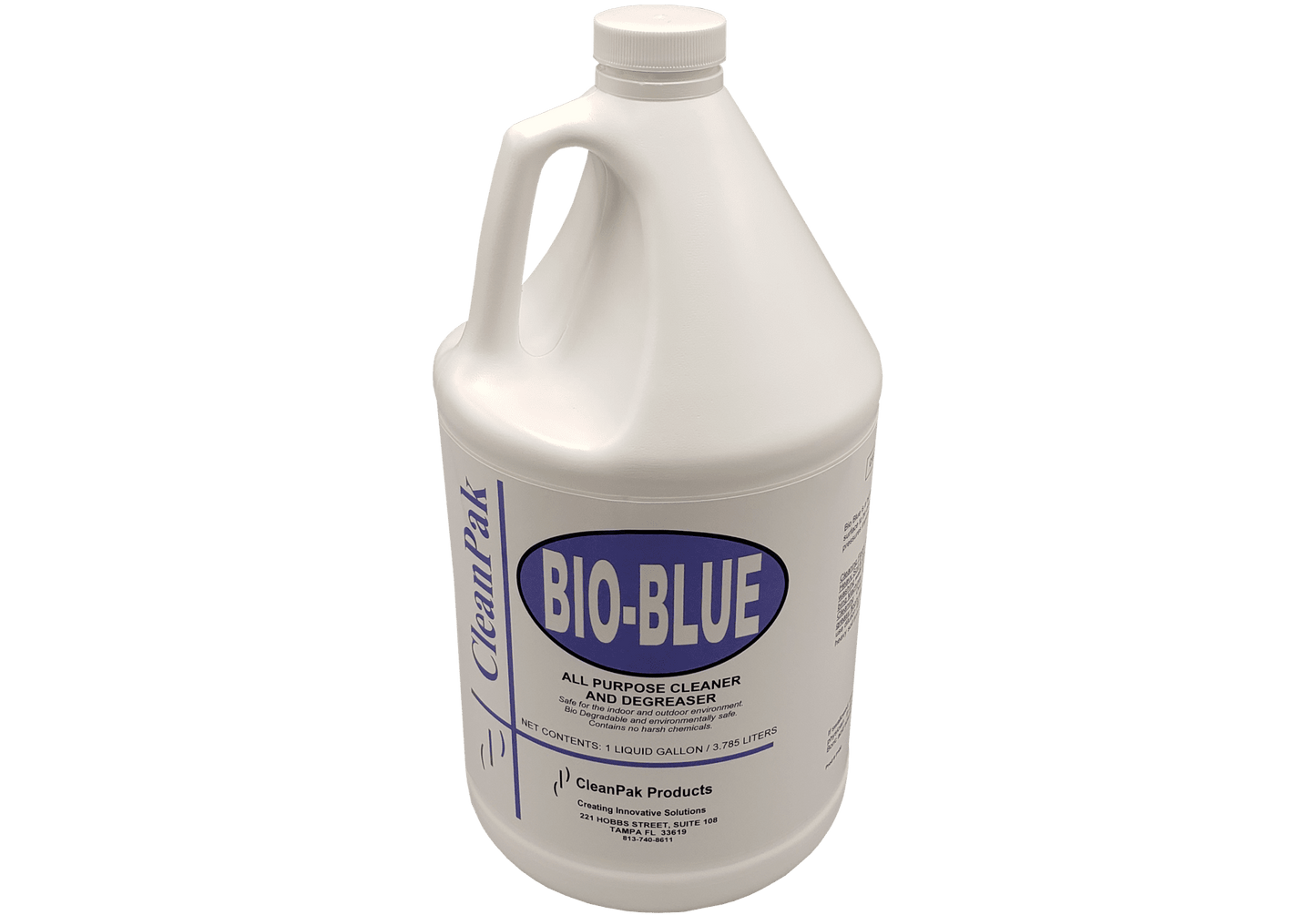 A white gallon jug with a white and blue label reading Bio-Blue.
