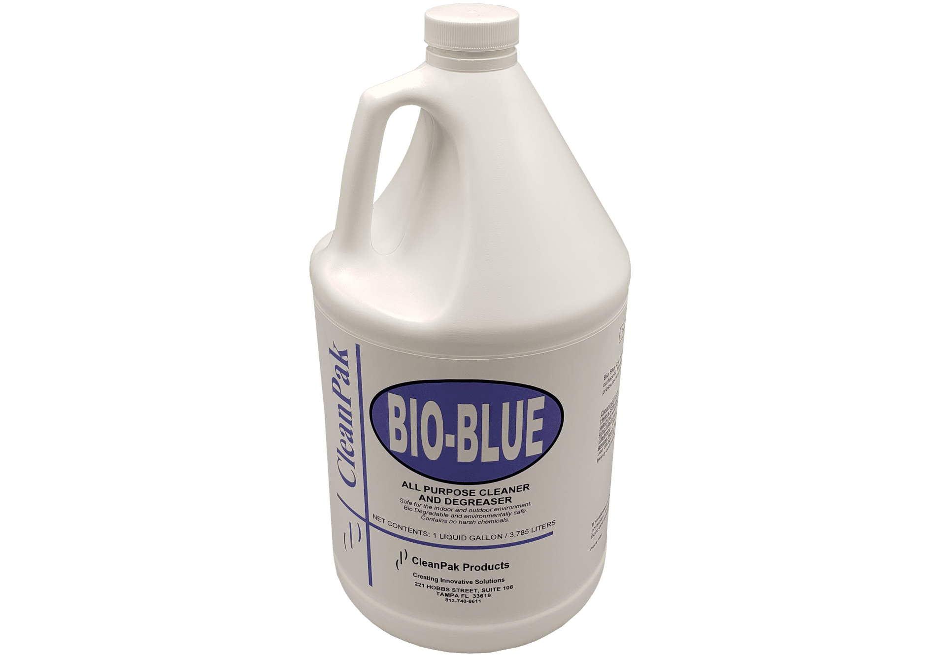 A white gallon jug with a white and blue label reading Bio-Blue.