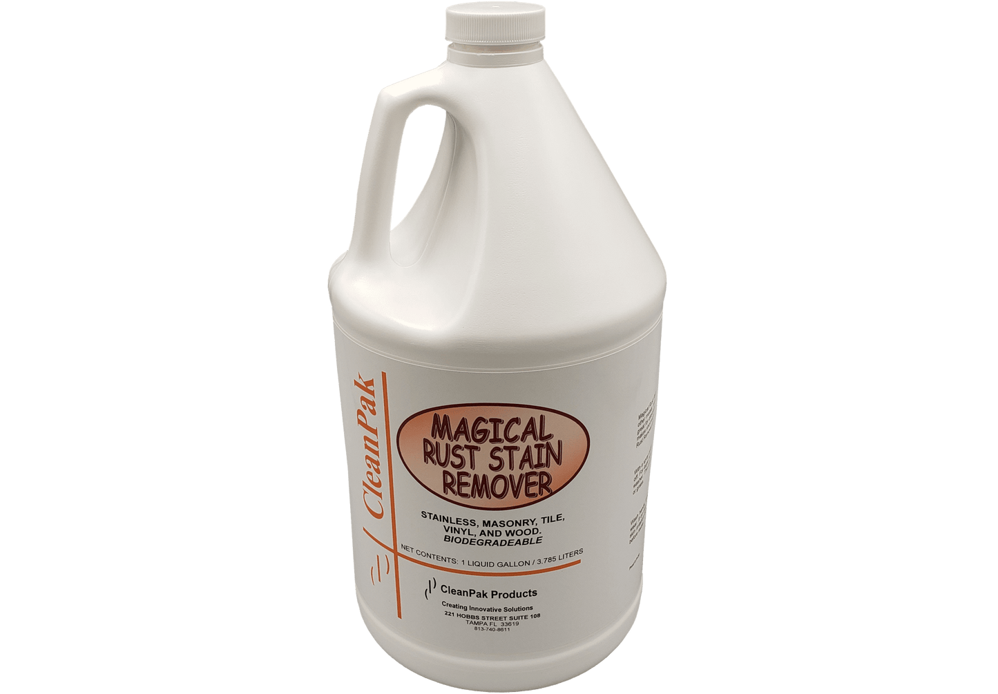 A white gallon jug with a white and orange label reading Magical Rust Stain Remover.