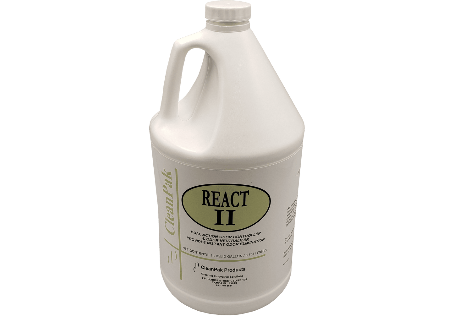 A white gallon jug with a white and green label reading React 2.