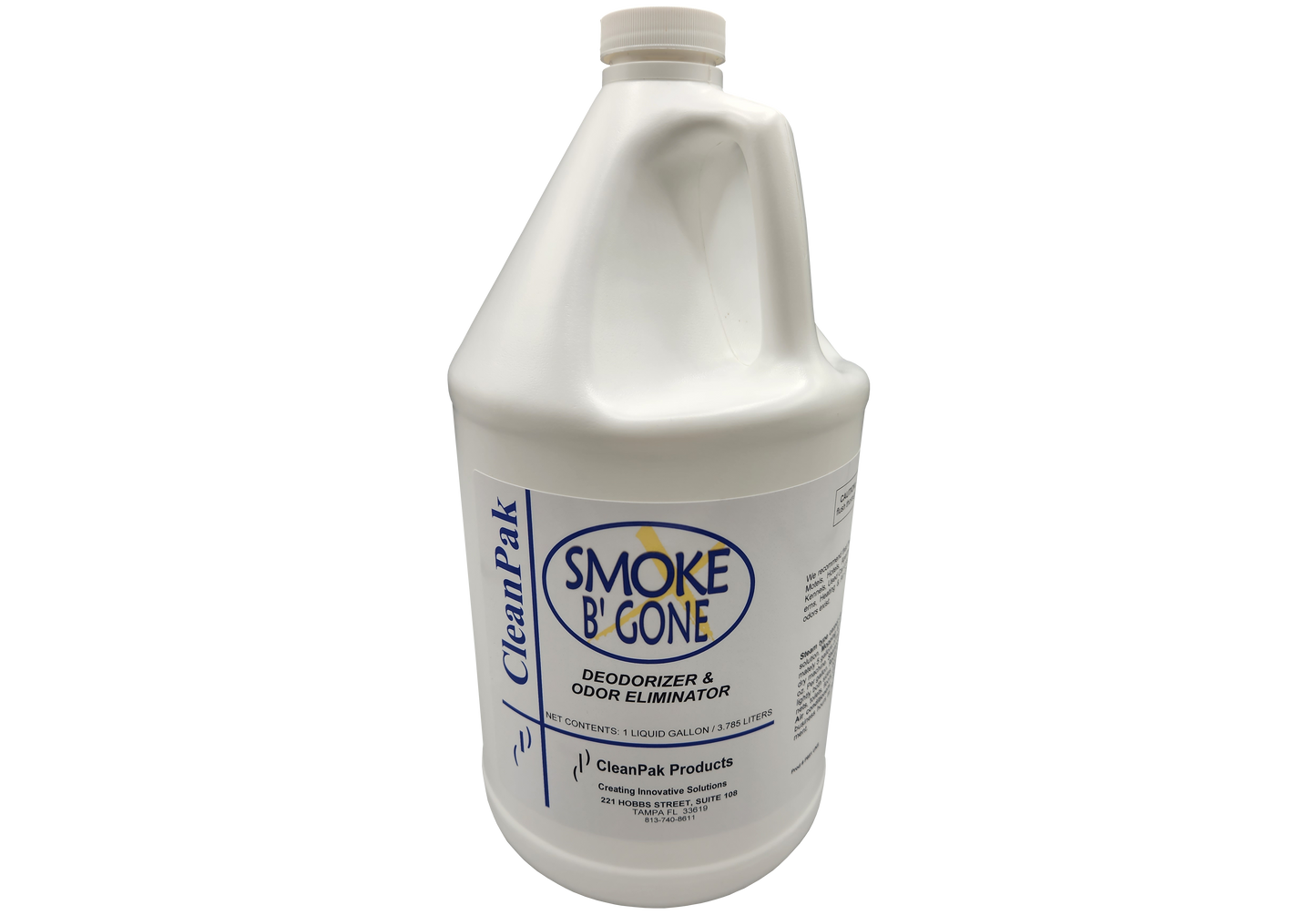 A white gallon jug with a white label reading Smoke B Gone.