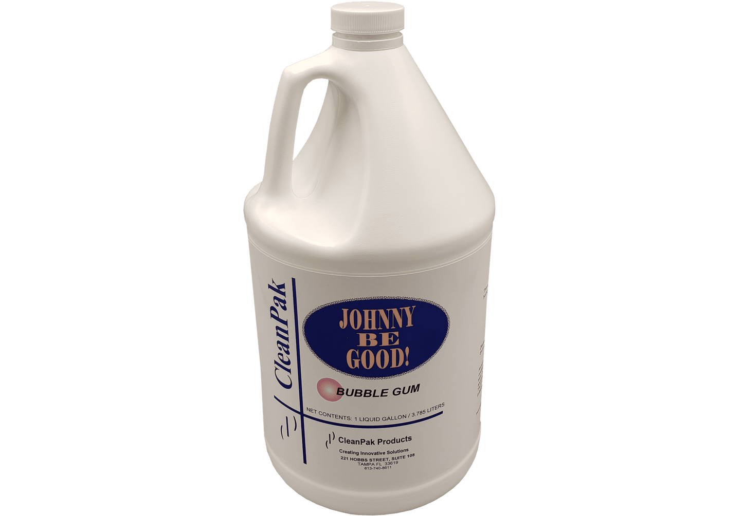 A white gallon bottle displaying a white and blue label reading "Johnny Be Good: Bubblegum" with the CleanPak name displayed along the side. 