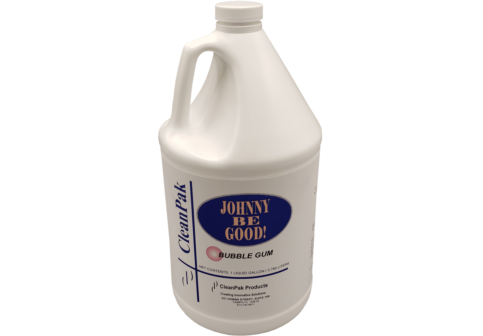 A white gallon bottle displaying a white and blue label reading "Johnny Be Good: Bubblegum" with the CleanPak name displayed along the side. 