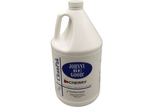 A white gallon bottle displaying a white and blue label reading "Johnny Be Good: Cherry" with the CleanPak name displayed along the side. 