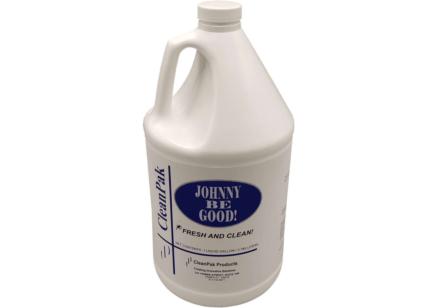 A white gallon bottle displaying a white and blue label reading "Johnny Be Good: Fresh And Clean" with the CleanPak name displayed along the side. 