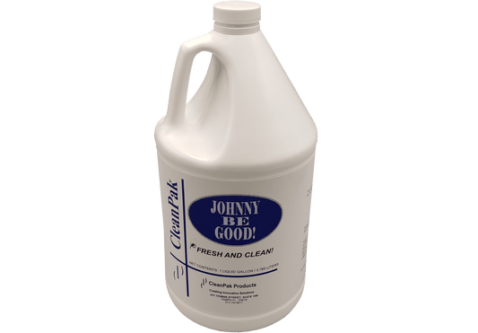 A white gallon bottle displaying a white and blue label reading "Johnny Be Good: Fresh And Clean" with the CleanPak name displayed along the side. 