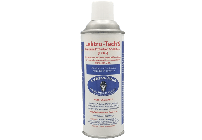 An aerosol can with a white and blue label reading Lektro-Tech S by Corrosion Protection Solutions. 