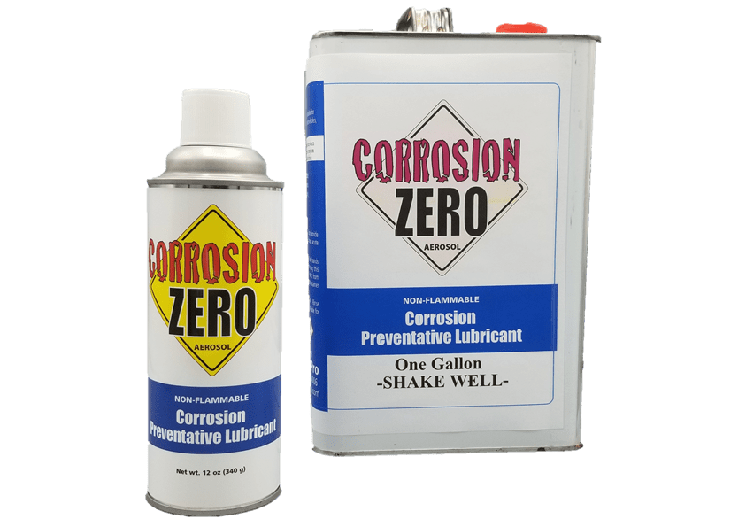 A ten pound can and twelve ounce can placed together. Both have labels reading "Corrosion Zero: Non-Flammable Corrosion Preventative Lubricant" on a blue and white label.