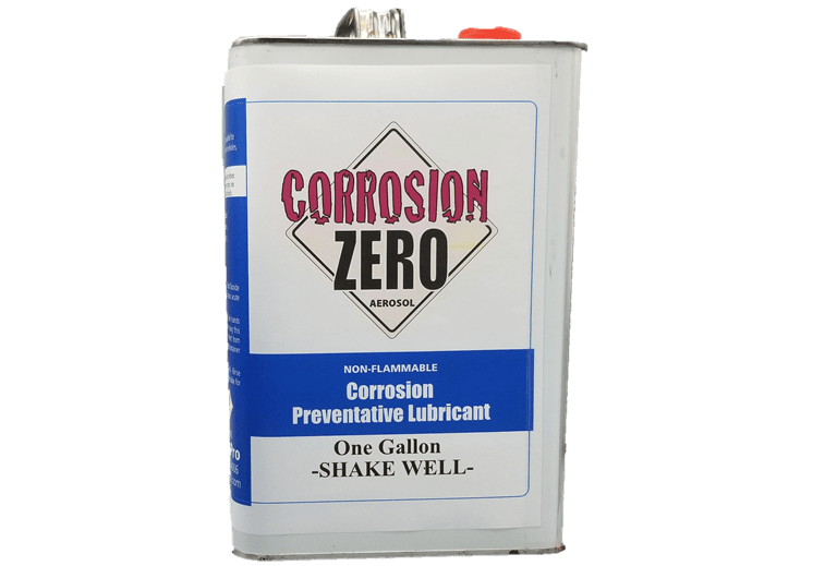 A ten pound can with a blue and white label reading "Corrosion Zero: Non-Flammable Corrosion Preventative Lubricant".