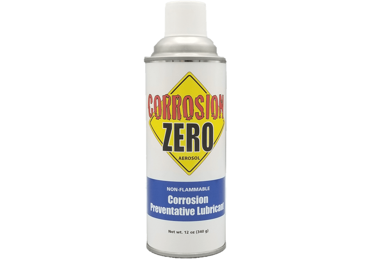 A twelve ounce can with a blue and white label reading "Corrosion Zero: Non-Flammable Corrosion Preventative Lubricant".