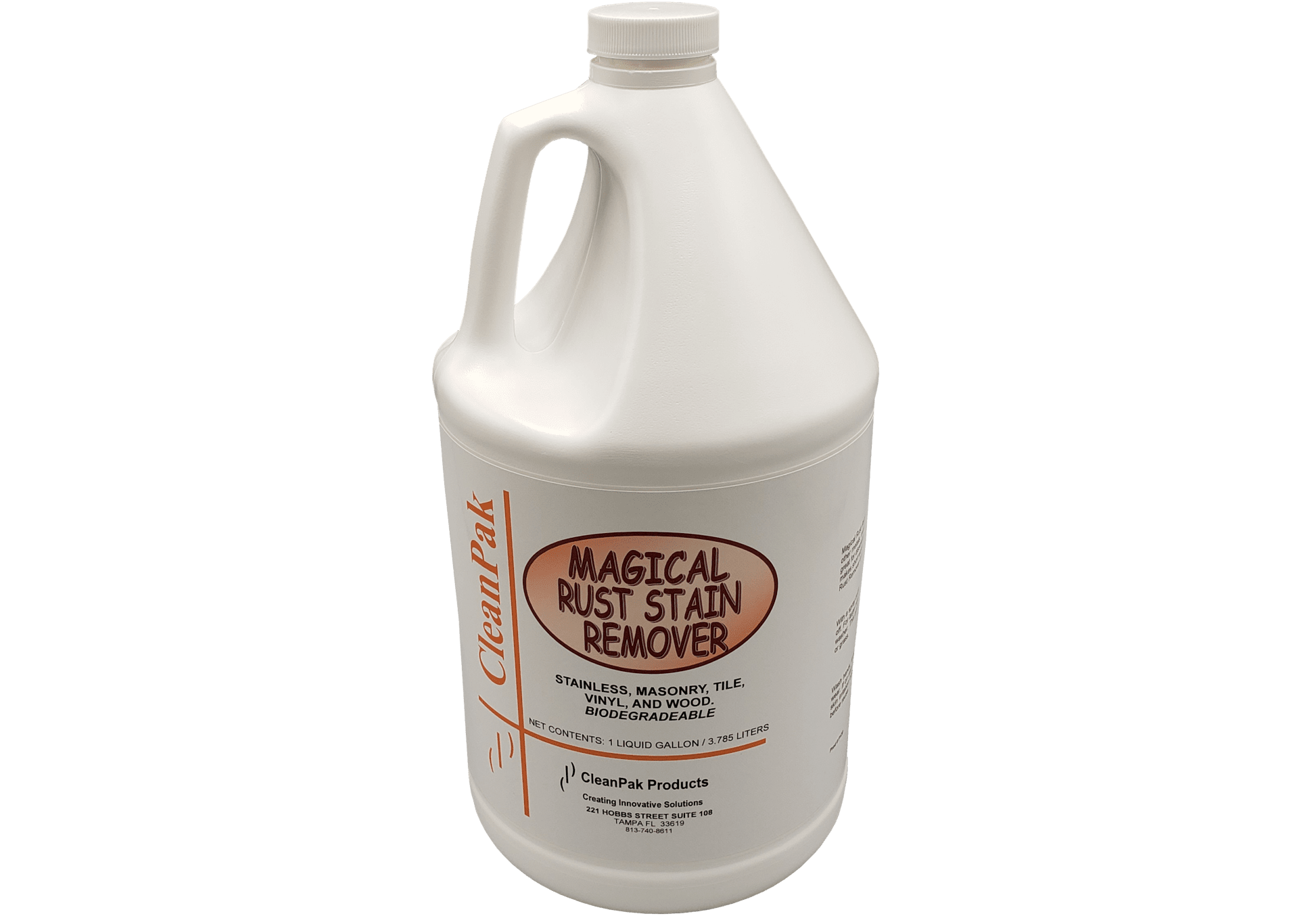 A white gallon jug with a white and orange label reading Magical Rust Stain Remover. 
