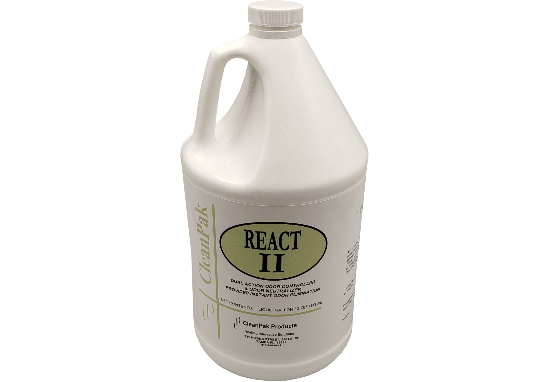 A white gallon jug with a white and green label reading React 2.