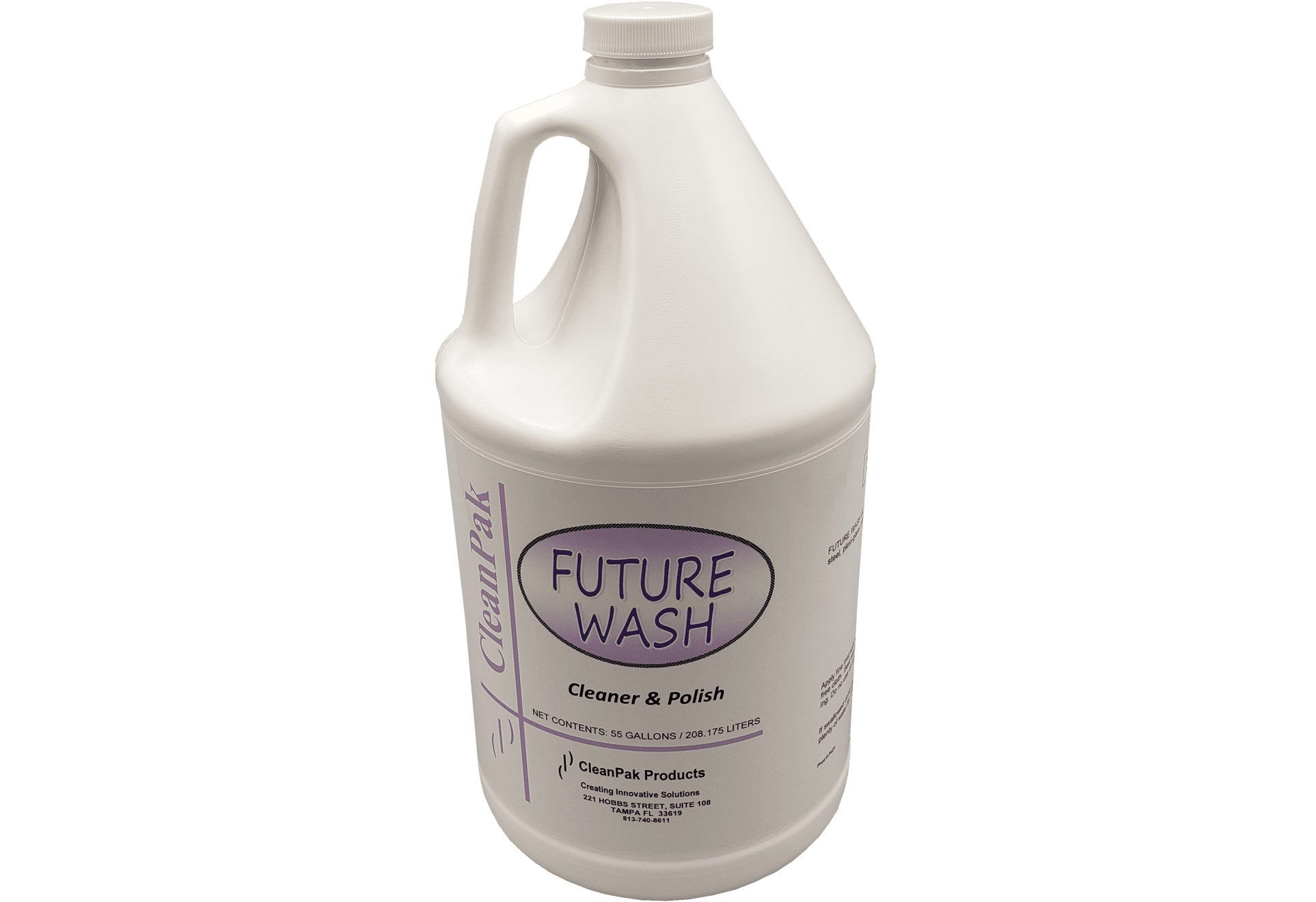 A white gallon jug with a white and light pink label reading Future Wash.