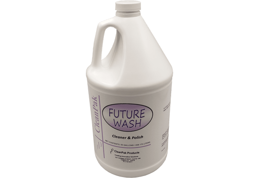 A white gallon jug with a white and light pink label reading Future Wash.