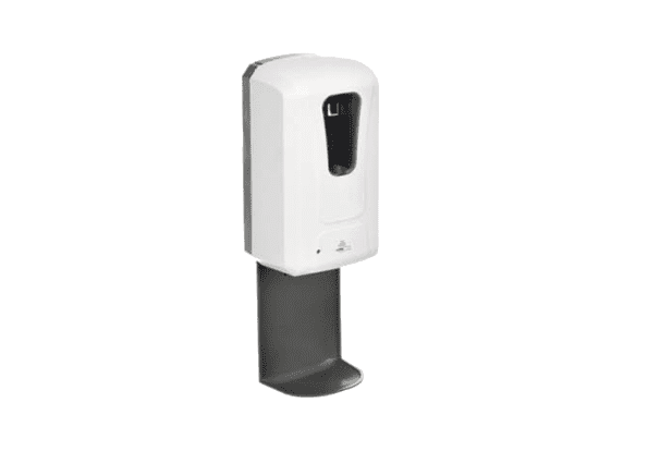 A white, wall-mounted soap dispenser with a grey drip tray and small clear window.