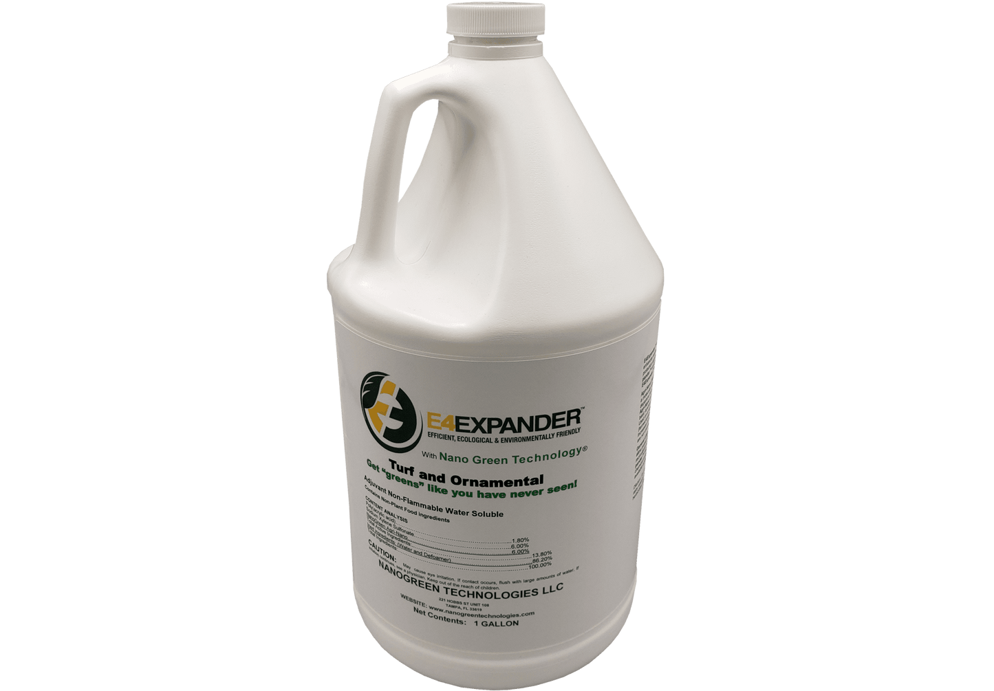 A white gallon jug with a white, green, and yellow label reading E4Expander.