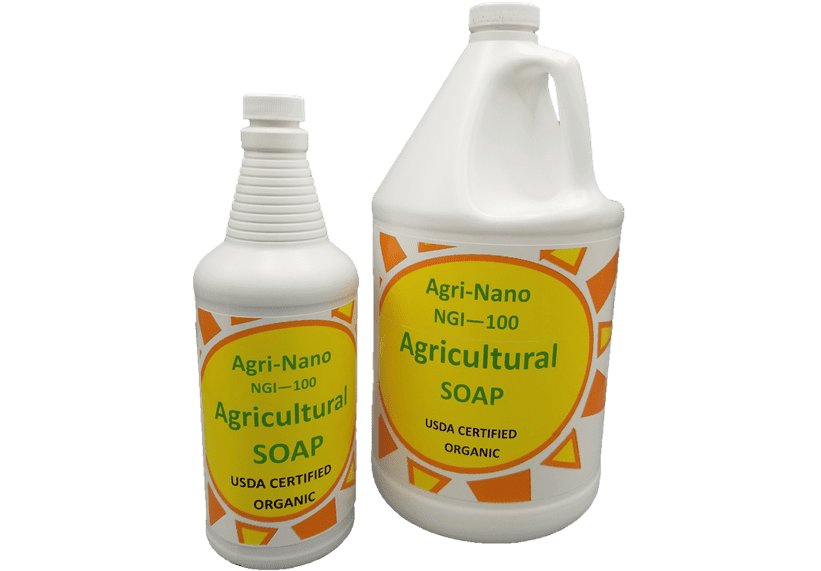 A quart bottle and a gallon bottle, both white with a yellow label depicting a sun and reading "Agri-Nano NGI-100 Agricultural Soap USDA Certified Organic"