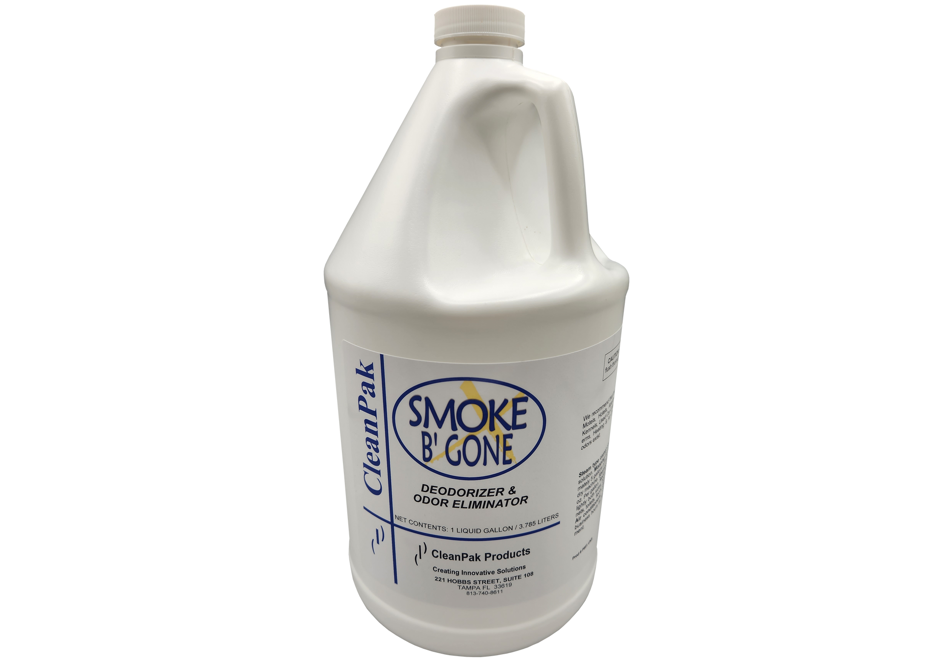 A white gallon jug with a white label reading Smoke B Gone. 